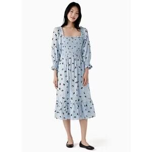 Kate Spade Floral Dot Puff Sleeve Smocked Midi Dress Blue Size Small
